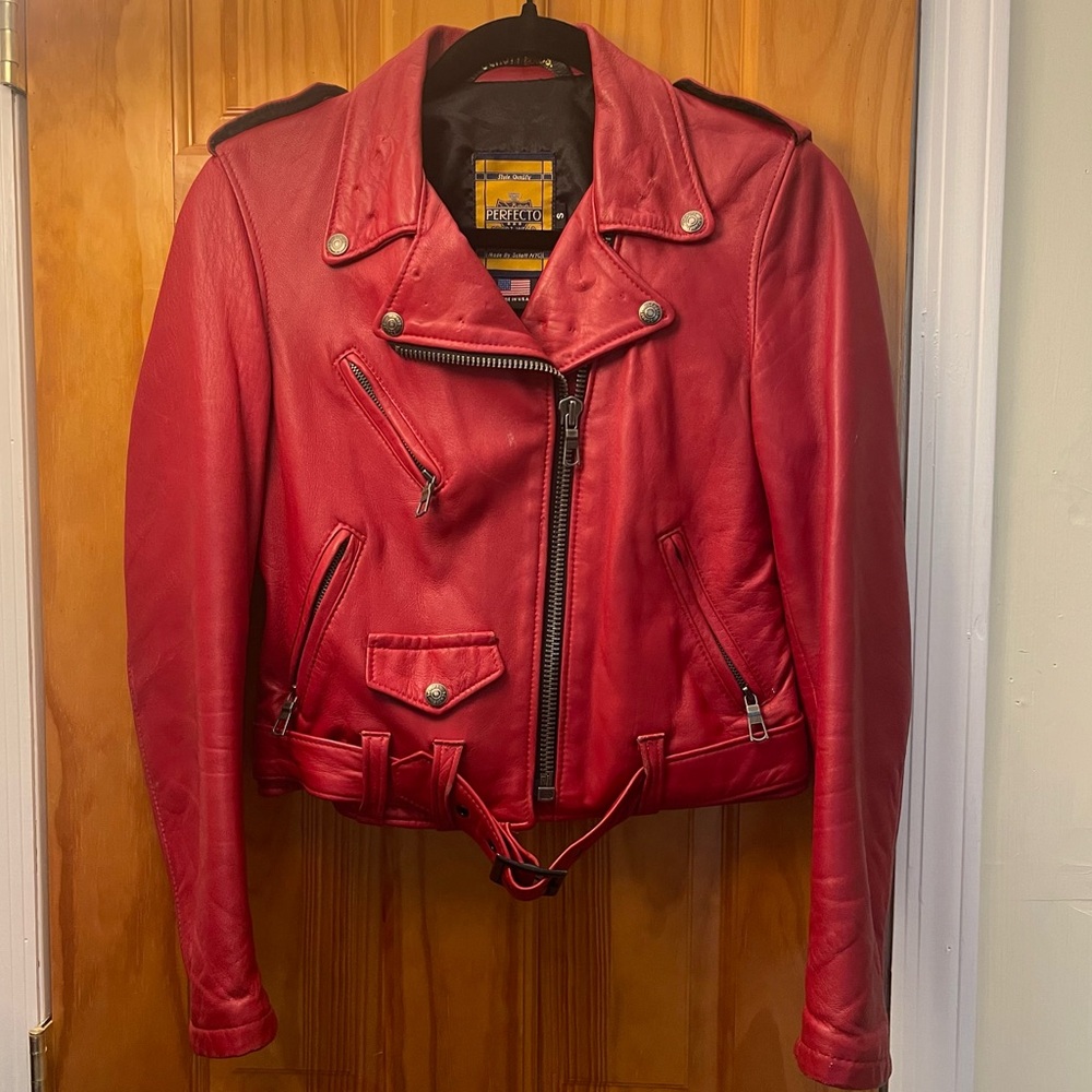 Red leather size small perfecto schott nyc leather motorcycle jacket